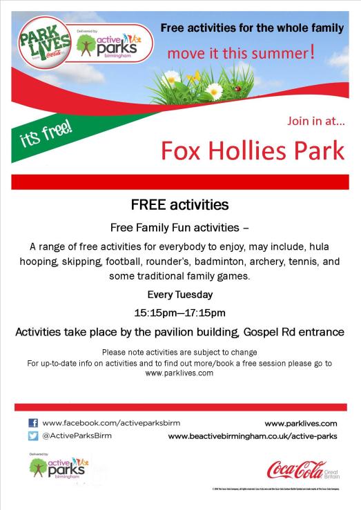 Fox Hollies Park FFF spring summer poster 2016